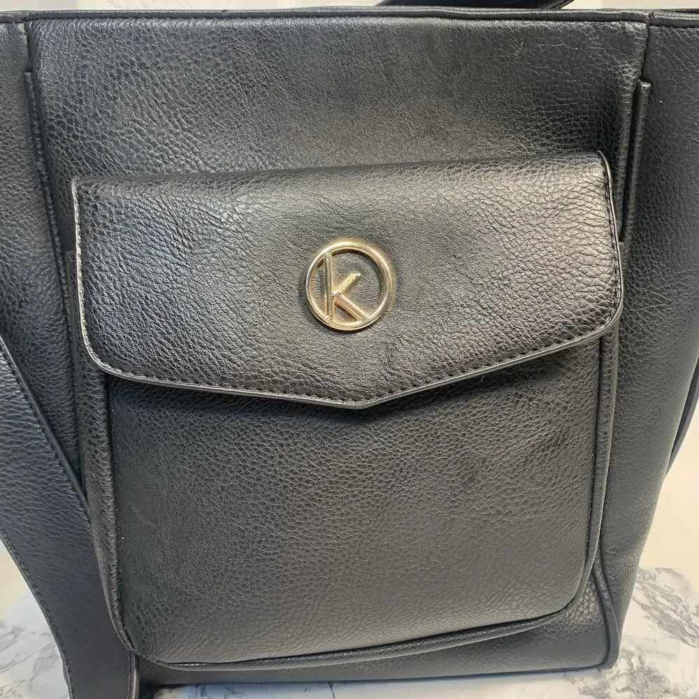 Kensie Front Pocket Shoulder Bag Adjustable Strap Black Brass Hardware Crossbody